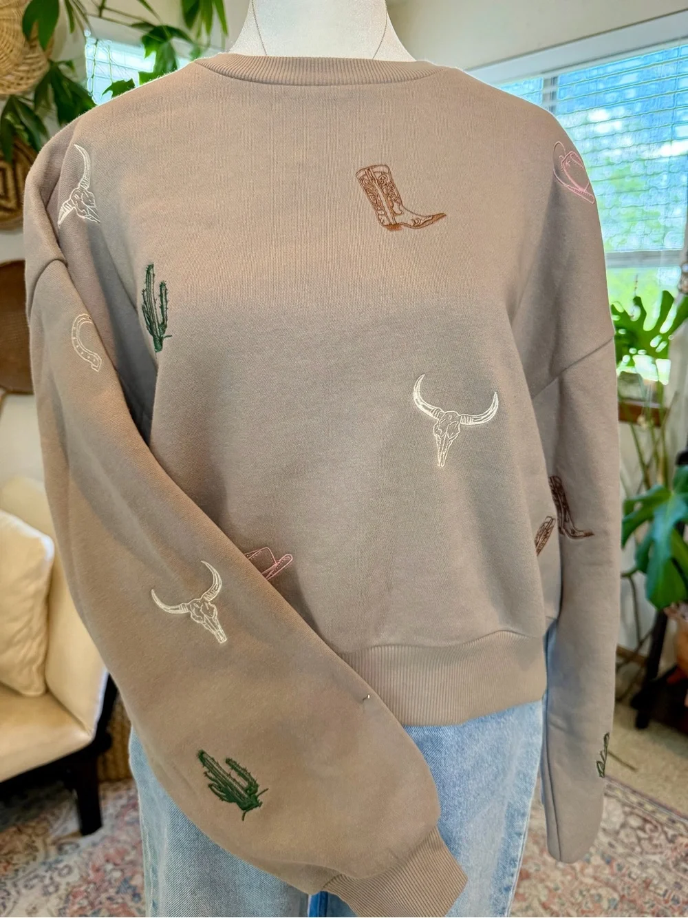 Cowgirl Southwest Western Country Boho Cotton Essentials Top Sweatshirt Women M - Picture 1 of 9